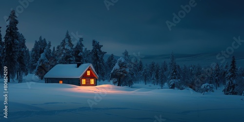 A lone log cabin radiates warmth with its glowing windows against the twilight of a tranquil, snow-covered forest landscape. Resplendent. © Summit Art Creations