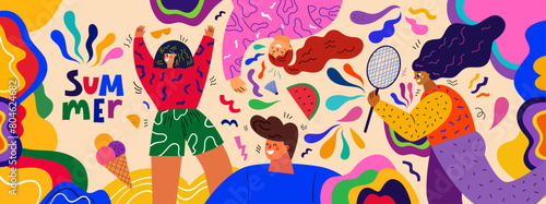 Wallpaper Mural Colorful summer vector banner with people doing sports. An illustration showing summer sports activities: volleyball and badminton. People playing outdoors. Summer time concept design Torontodigital.ca