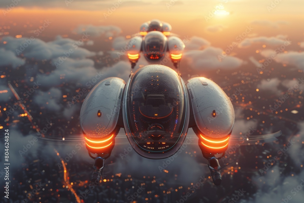 An imaginative depiction of a futuristic drone with glowing elements flying above a cloud-covered city at dusk An imaginative depiction of a futuristic drone with glowing elements flying above a cloud-covered city at dusk