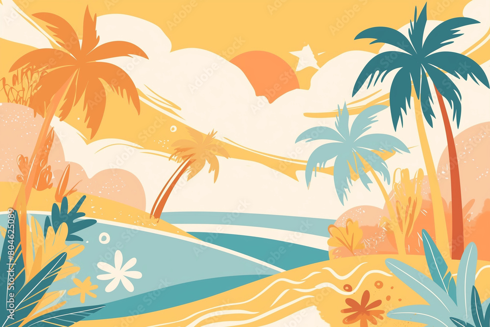 oho groovy palm tree beach sun sea. Surf club vacation and sunny summer day aesthetic. Vector illustration background in trendy retro naive simple style. Pastel yellow blue braun colors. 