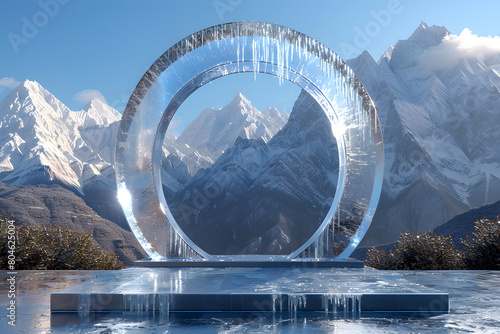 Ice frozen podium 3D mockup background for beauty product presentation. Snow winter transparent copy space platform surrounded by mountains. Cosmetics, perfume or home goods advertising stand.