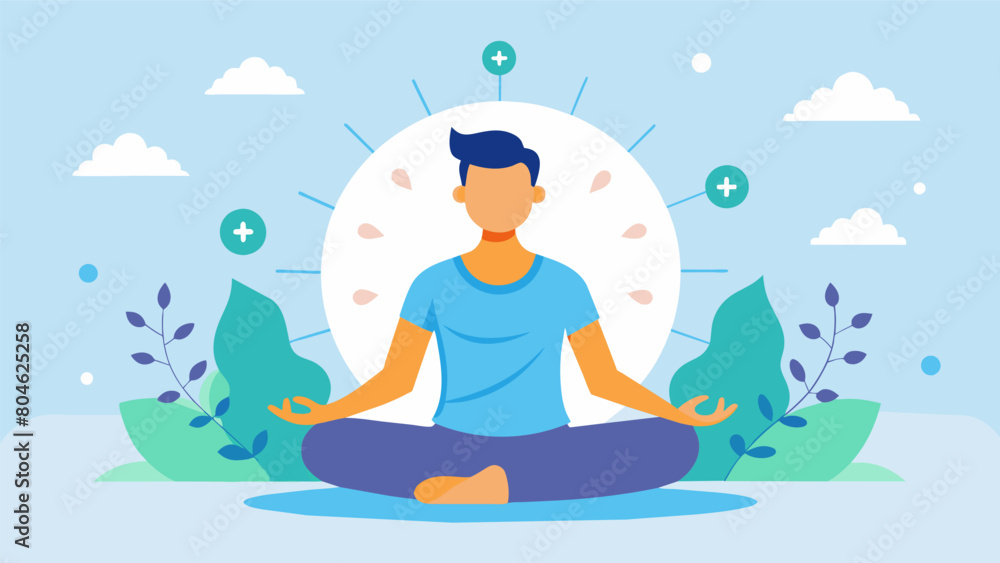 A minimalistic illustration depicts how meditation can act as a tool in managing stress and promoting overall wellbeing with words like clarity. Vector illustration