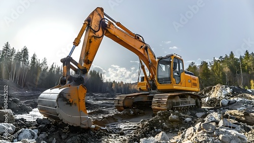 An aging yellow excavator navigating challenging terrain with its arm extended downwards. Concept Construction, Equipment, Machinery, Aging, Terrain