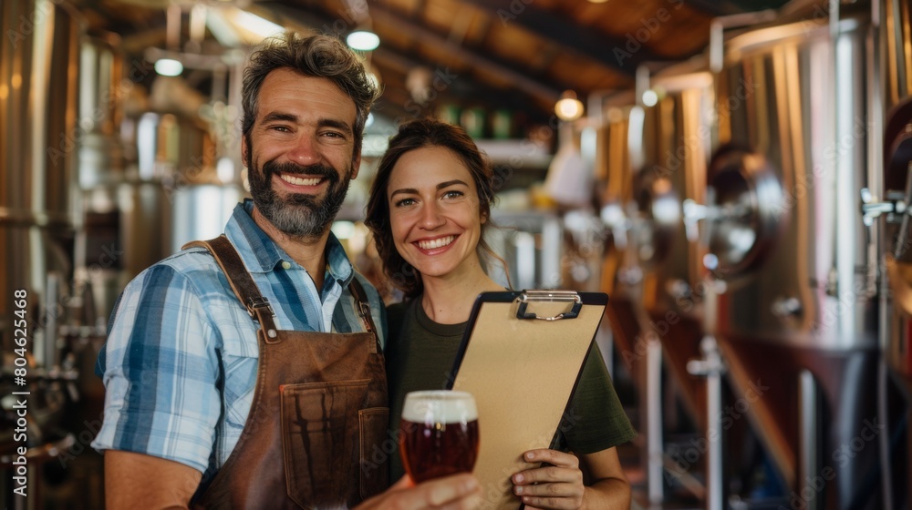 Happy man and woman with beer and clipboard in a brewery portrait