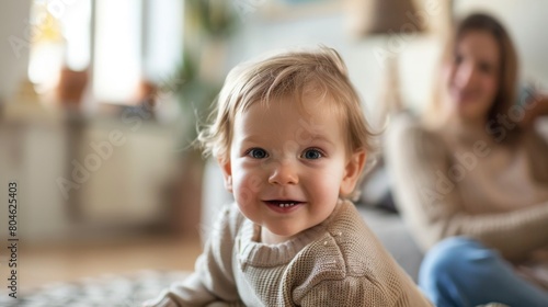 A cheerful toddler with bright eyes smiles in a home environment, with a woman in the background.