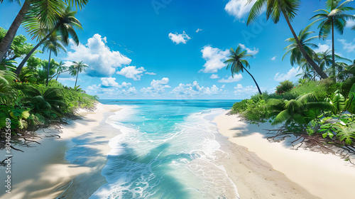 Serene Tropical Beach with Coconut Palms Overlooking the Sea, Ideal for a Sunny Day in the Caribbean
