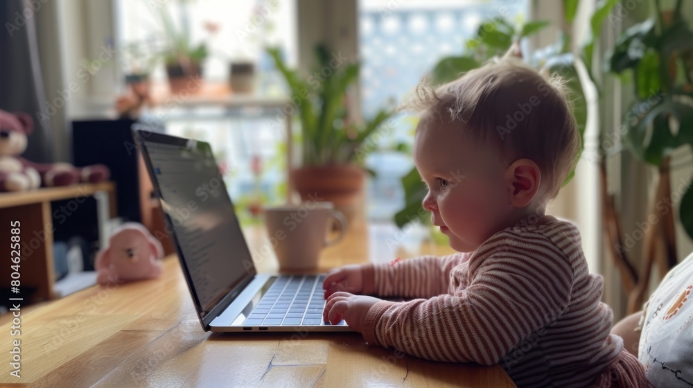 A baby sitting at a table and interacting with a laptop screen. A baby sitting at a table and interacting with a laptop screen.