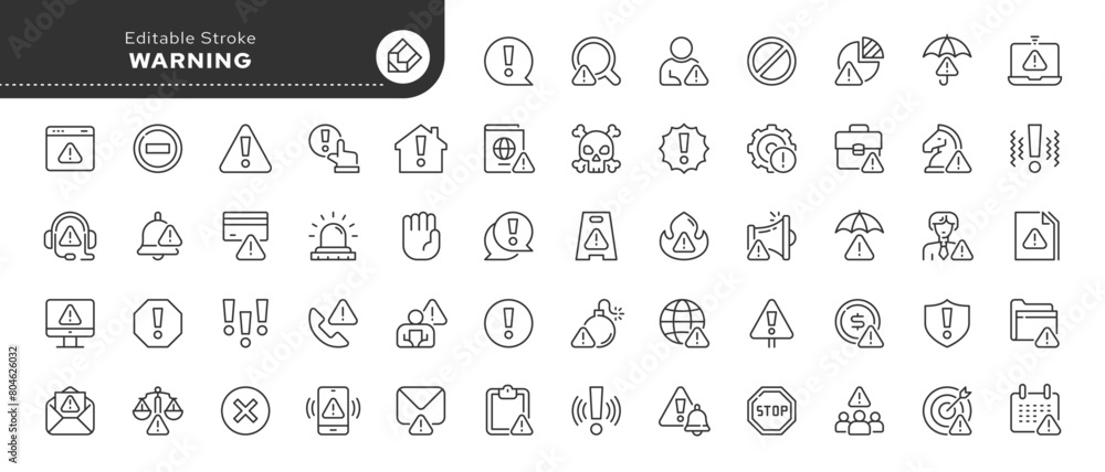 Warning and risk. Set of line icons in linear style. Warning exclamation mark, attention, danger, notice, stop. Outline icon collection. Conceptual pictogram