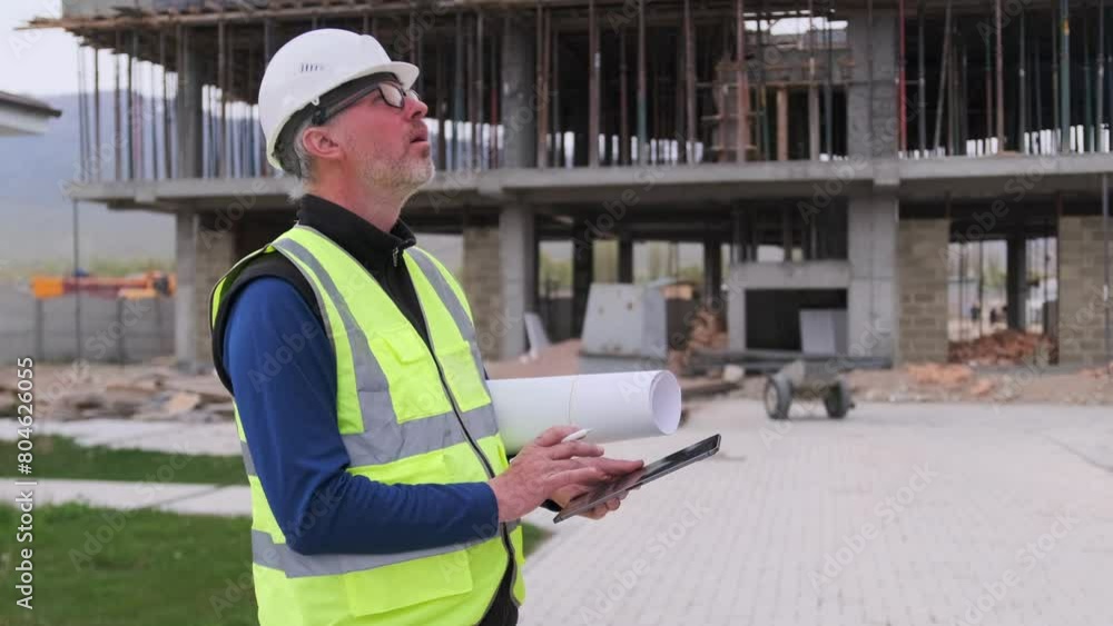 Engineer architect using digital tablet and pen at construction site with blueprint in hands, against backdrop of unfinished building. Engineer architect using digital tablet and pen at construction site with blueprint in hands, against backdrop of unfinished building.