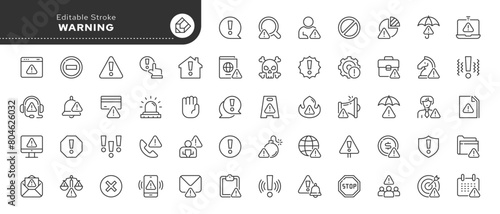 Warning and risk. Set of line icons in linear style. Warning exclamation mark, attention, danger, notice, stop. Outline icon collection. Conceptual pictogram