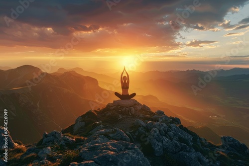 yoga pose on mountain during sunset, International yoga day concept image with copy space for text, World meditation day - generative ai photo
