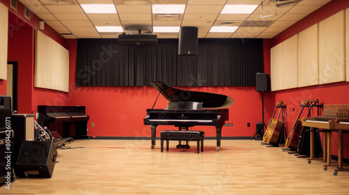 A music room with instruments lining the walls and a piano at the center for ensemble rehearsals. © Creative