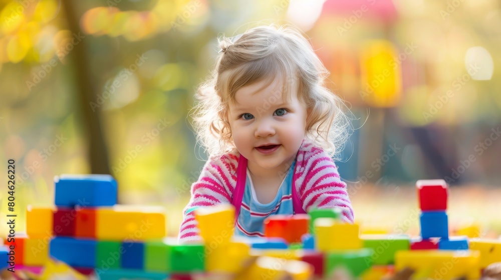Young female child laying on the floor, engrossed in playing with colorful blocks. Young female child laying on the floor, engrossed in playing with colorful blocks.