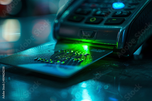 Close-up of a credit card inserted into a card reader, with a green light effect indicating a successful payment, conveying security and reliability photo