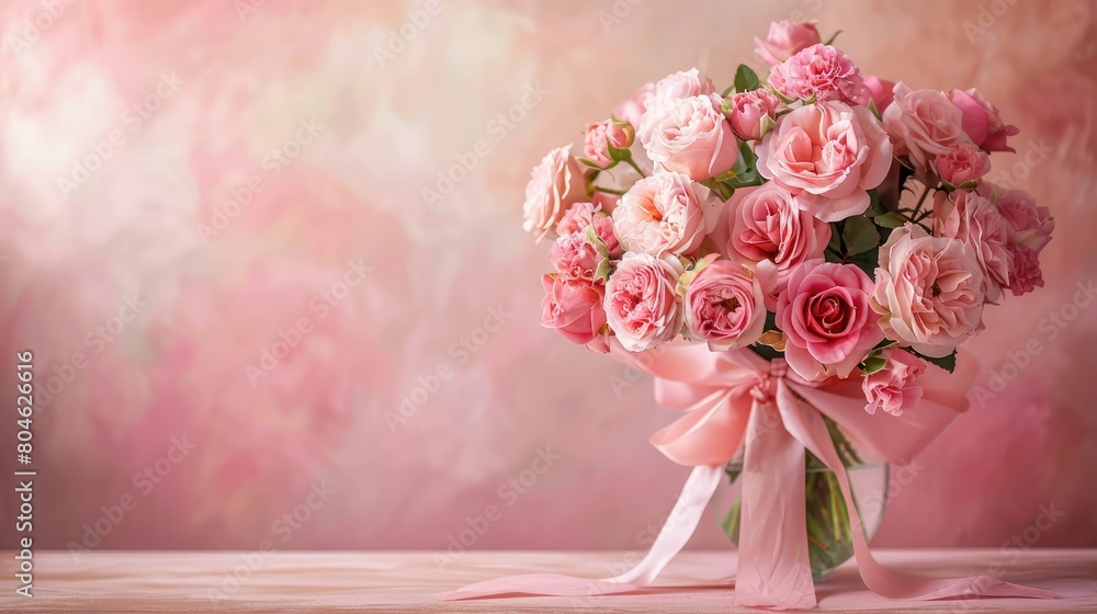 Obraz premium A stunning display of pink roses arranged in a vase with a delicate satin bow set against a soft pastel pink background on a tabletop Perfect for occasions like birthdays weddings Mother s 