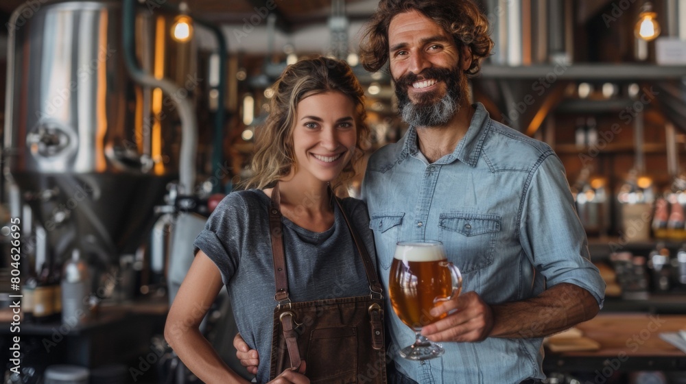 Happy couple savoring craft beer at a brewery venue