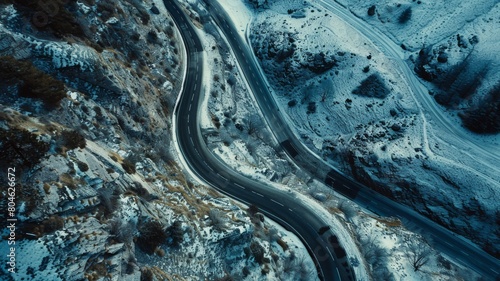 Aerial photo top view beautiful curve mountain road.