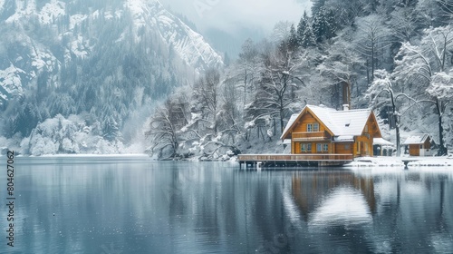 Wooden lake house at winter © Abid