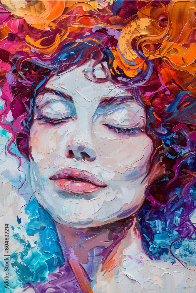 Vibrant abstract female portrait with swirling colors of fire, capturing the passionate essence of creativity and expression