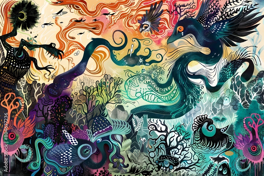 Mystical Realm of Fantastical Creatures in Vibrant Mystical Realm of Fantastical Creatures in Vibrant