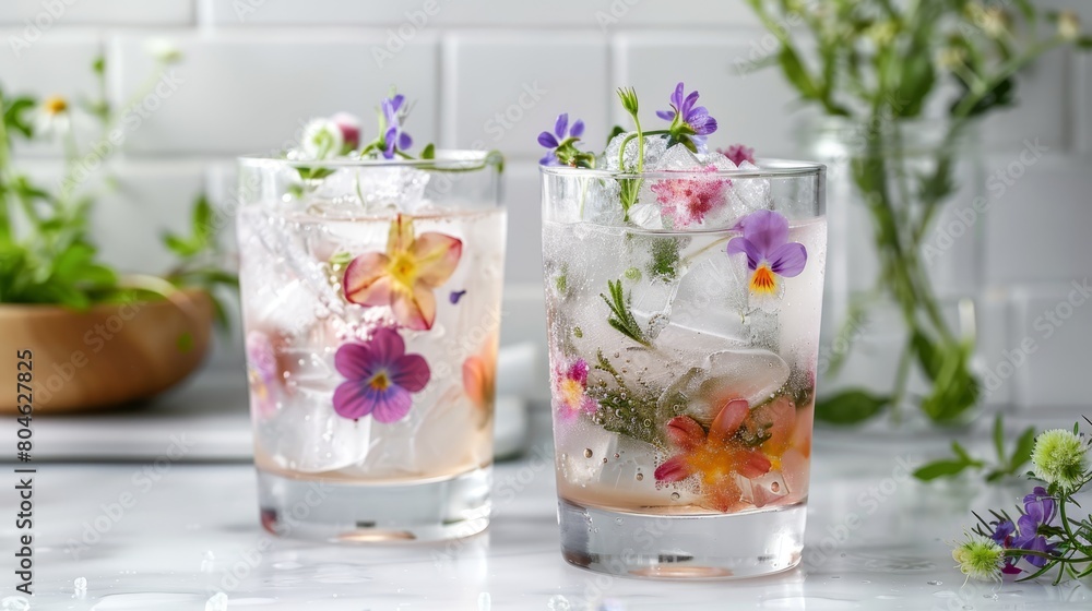 Elegant beverage presentation featuring pink fizzy drinks with floral garnishes, perfect for hospitality and event concepts.