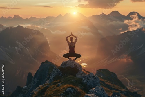 yoga pose on mountain during sunset, International yoga day concept image with copy space for text, World meditation day - generative ai photo