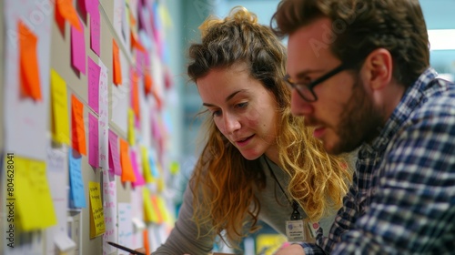 Young professional couple discussing over a busy work board covered in notes, ideal for themes of collaboration and strategy.