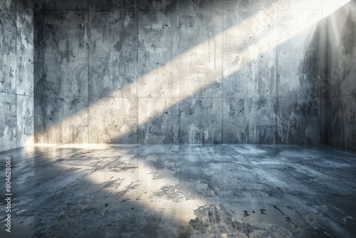A concrete room with walls and floor with puddles of water. Concrete wall and floor abstract background.
