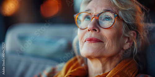 60 year old woman sitting in cinema, watching a movie photo