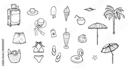 Travel destination collection. Hand drawn set of summer vacation with luggage, ice cream, swimsuits, and beach umbrellas. Design for tourism sticker and packing list.