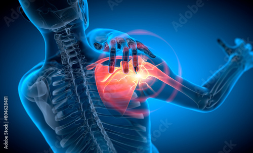 Man with painful shoulder joint with blue background - x-ray 3d illustration