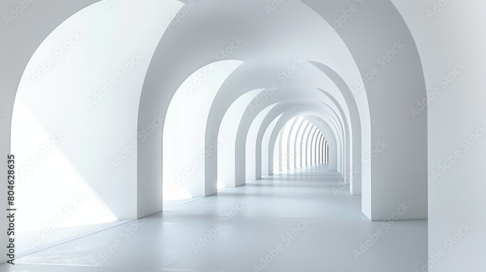 Minimalist white architecture with a series of arches creating a modern and futuristic corridor.