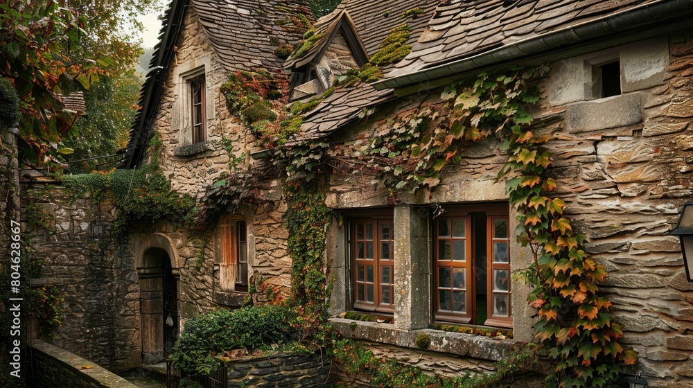 Rustic stone house with wooden details and autumn leaves, ideal for themes of home, comfort, and European travel.