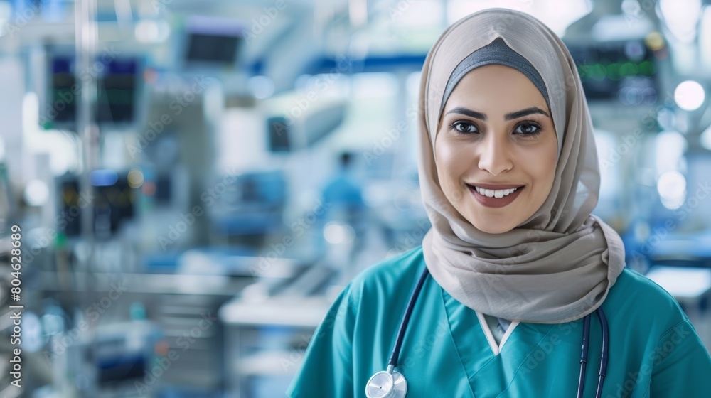 Intense gaze of a female nurse in a blue hijab, monitoring in an intensive care unit, depicting commitment and serious healthcare service.