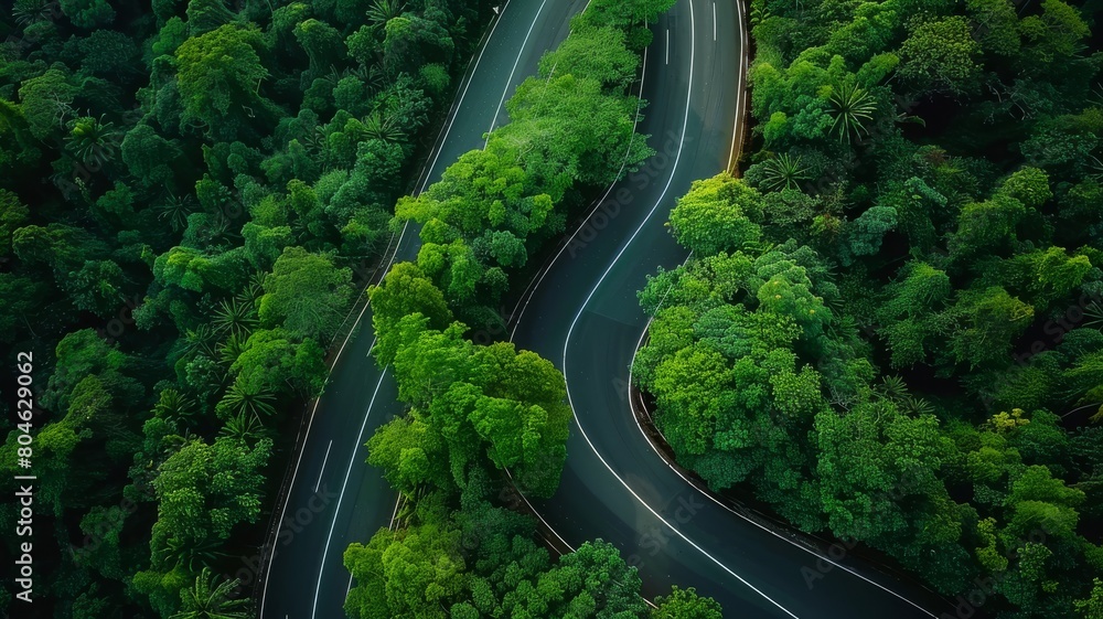 Aerial photo top view beautiful curve road on lush green forest.