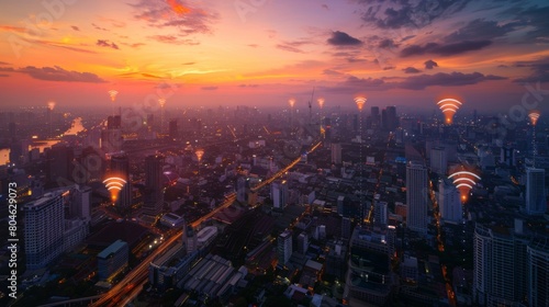 Cityscape of Bangkok with added generic wifi signals and access points within the city. photo