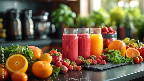 Preparing organic smoothies  vibrant fruits and vegetables  health-focused kitchen  copy space for text on left