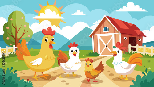 Fototapeta Naklejka Na Ścianę i Meble -  four-chickens-wandering-around-a-barn-illustration