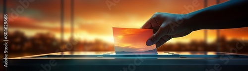 A hand casting a vote into a ballot box. The background is a blurred cityscape at sunset.