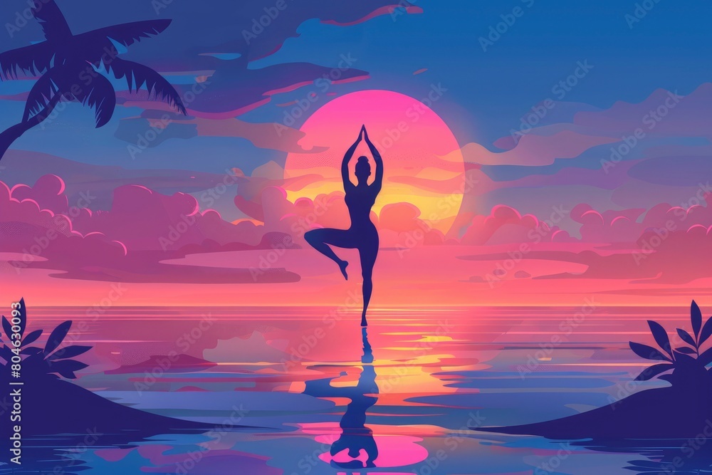 International yoga day banner poster, Silhouette of healthy and beautiful woman doing asana poses with sunrise on twilight blue vibrant sky and calm sea - generative ai