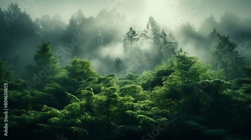 A lush green forest with a misty fog. The sun is shining through the trees. The forest is full of ferns  mosses  and other plants.