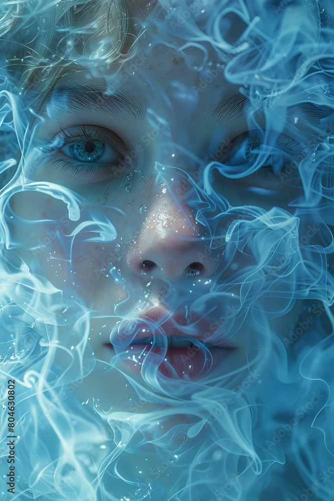 Ethereal young woman submerged in water with wisp-like smoke trails, giving an illusion of being underwater Ethereal young woman submerged in water with wisp-like smoke trails, giving an illusion of being underwater