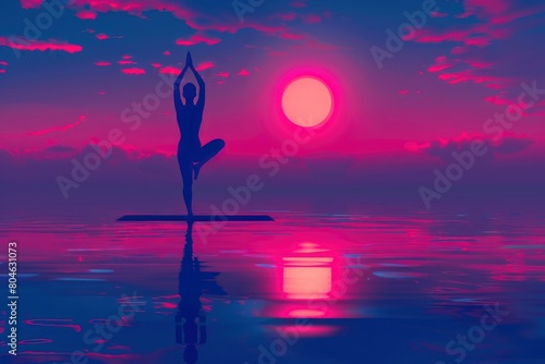 International yoga day banner poster  Silhouette of healthy and beautiful woman doing asana poses with sunrise on twilight blue vibrant sky and calm sea - generative ai