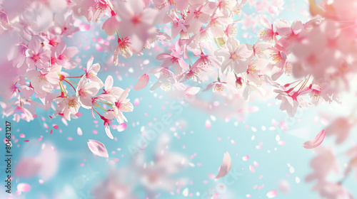 cherry blossom petals flying in the sky, a pastel pink and blue background
