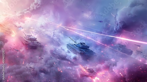 Chaos on the Battlefield: Tanks, Missiles, and Lasers. Concept Military Simulation, Combat Gear, Explosions, Tactical Strategies