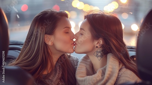 Side view of a young lesbian couple in trendy outfits with colorful tattoos sitting and kissing in a car. Bright colors.