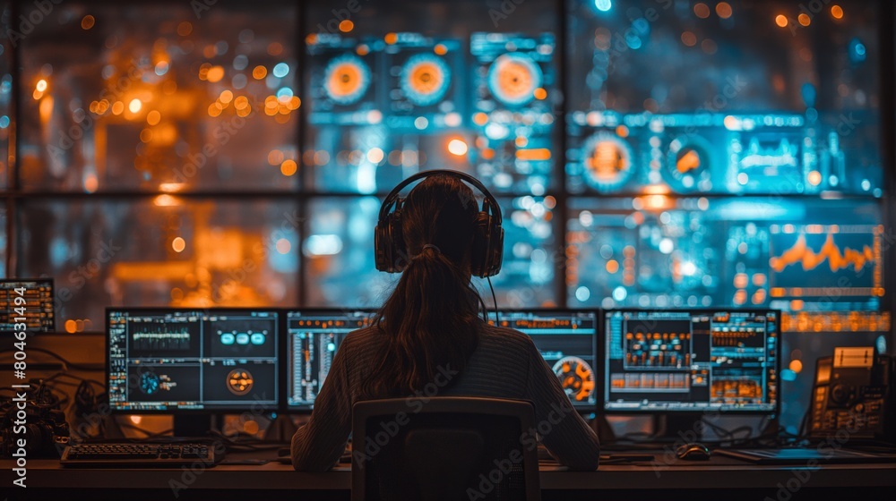 Woman in Space Command Center Monitoring Screens Woman in Space Command Center Monitoring Screens