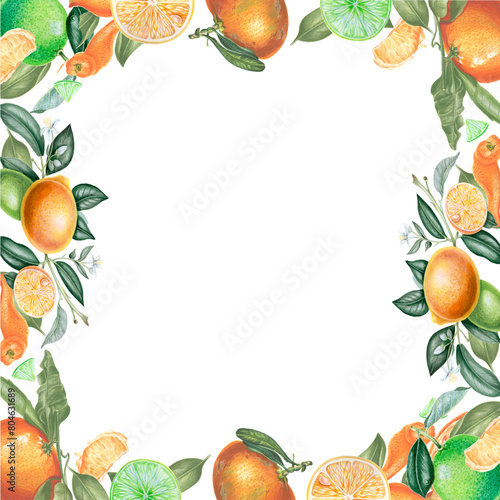 Square border template with citrus fruits. Lemon  lime and mandarine fruits  branches and leaves cutout on white. Hand drawn watercolor clipart. 