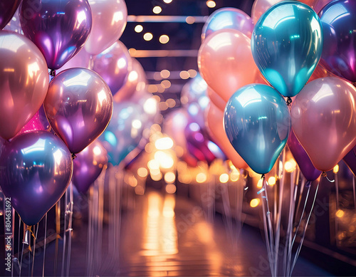 Um corredor decorado com vários balões perolados e coloridos.  Nitidez em primeiro plano. photo