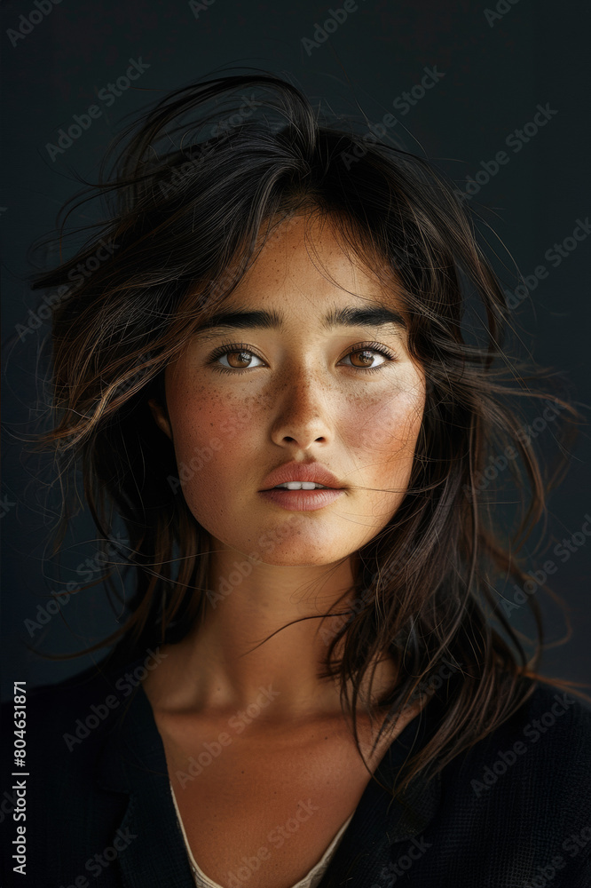 Portrait studio d'une jeune modèle asiatique de 25 ans aux cheveux longs et yeux marrons Portrait studio d'une jeune modèle asiatique de 25 ans aux cheveux longs et yeux marrons